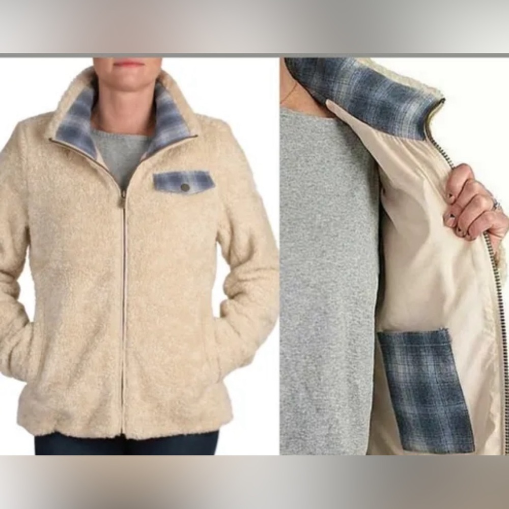Pendleton Ladies Fuzzy Zip Beige Heather blue plaid sherpa fleece jacket